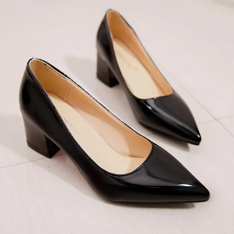PU patent leather pointed toe chunky block heels pumps office work high heels