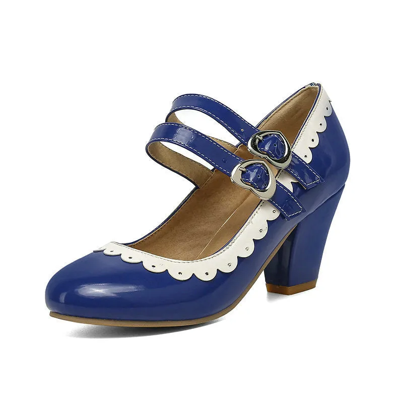 Women fashion round closed toe buckle strap chunky heels
